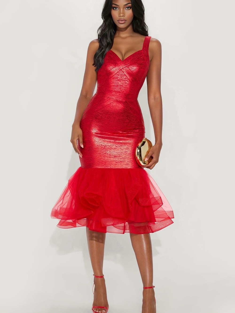 Fashion Nova Red Backless Mermaid Tulle Hem Dress